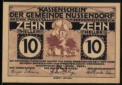 Notgeld Nussendorf /Bezirk Pöggstall 1920, 10 Heller, Kirche