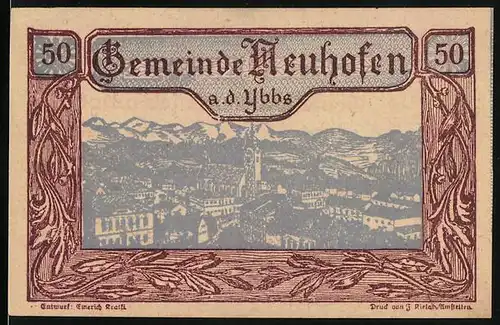 Notgeld Neuhofen a. d. Ybbs, 50 Heller, Ortspartie mit Kirche