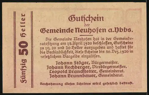 Notgeld Neuhofen a. d. Ybbs, 50 Heller, Ortspartie mit Kirche