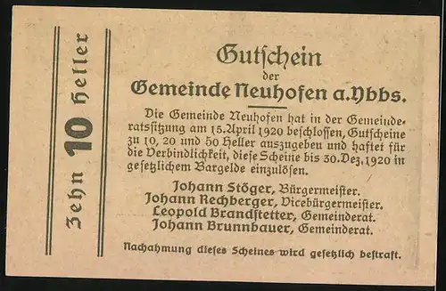 Notgeld Neuhofen a. d. Ybbs, 10 Heller, Ortspartie mit Kirche