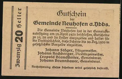 Notgeld Neuhofen a. d. Ybbs, 20 Heller, Ortspartie mit Kirche