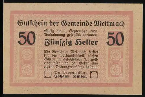 Notgeld Mettmach 1920, 50 Heller, Guschein