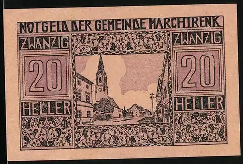 Notgeld Marchtrenk 1920, 20 Heller, Strassenpartie mit Kirche