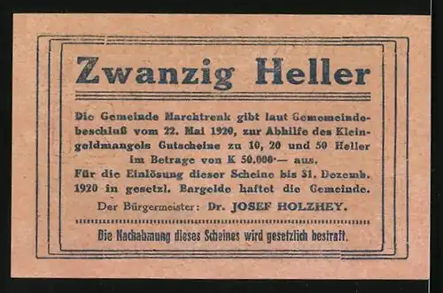 Notgeld Marchtrenk 1920, 20 Heller, Strassenpartie mit Kirche