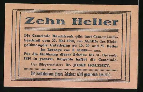 Notgeld Marchtrenk 1920, 10 Heller, Eiserner Wehrtisch