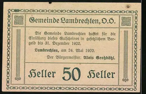 Notgeld Lambrechten /O.-Ö. 1920, 50 Heller, Kirche mit Bäumen