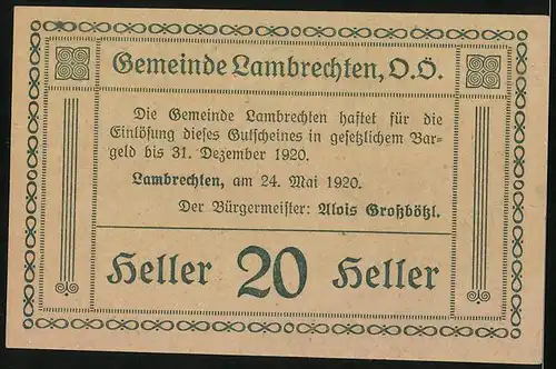 Notgeld Lambrechten /O.-Ö. 1920, 20 Heller, Kirche mit Bäumen