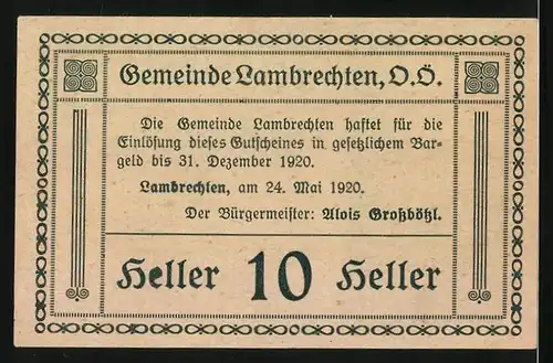 Notgeld Lambrechten /O.-Ö. 1920, 10 Heller, Kirche mit Bäumen