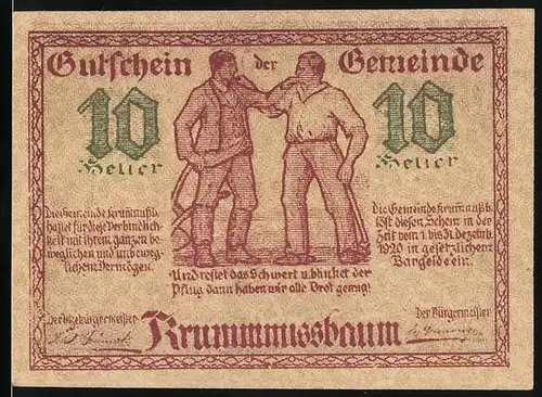 Notgeld Krummnussbaum 1920, 10 Heller, Bauer und Soldat