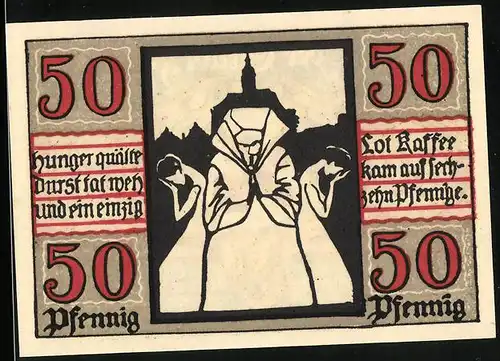Notgeld Naumburg a. Saale 1920, 50 Pfennig, Flehende hungrige Menschen, Schlüssel und Schwert