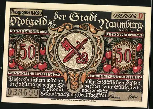 Notgeld Naumburg a. Saale 1920, 50 Pfennig, Flehende hungrige Menschen, Schlüssel und Schwert