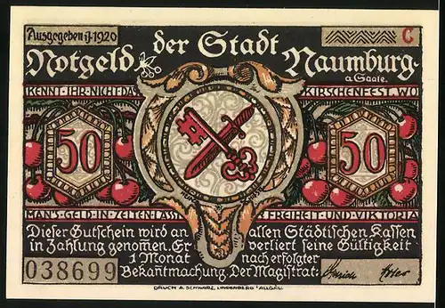 Notgeld Naumburg a. Saale 1920, 50 Pfennig, Krieger mit Schwert