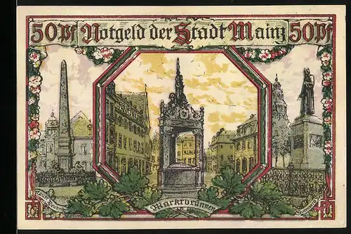 Notgeld Mainz 1921, 50 Pfennig, Marktbrunnen, Neuer Brunnen, Gutenberg-Denkmal