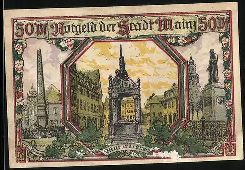 Notgeld Mainz 1921, 50 Pfennig, Marktbrunnen, Neuer Brunnen, Gutenberg-Denkmal