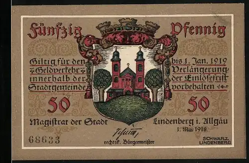 Notgeld Lindenberg i. Allgäu 1918, 50 Pfennig, Stadtwappen
