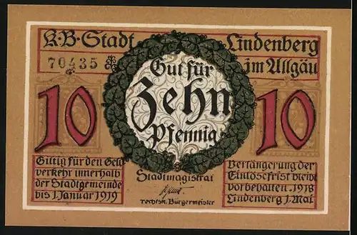 Notgeld Lindenberg i. Allgäu 1918, 10 Pfennig, Soldat mit Tabakspfeife