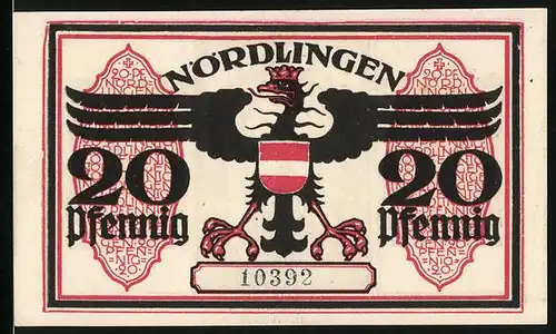 Notgeld Nördlingen 1918, 20 Pfennig, Adler mit Wappen