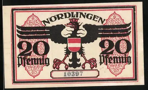 Notgeld Nördlingen 1918, 20 Pfennig, Adler mit Wappen