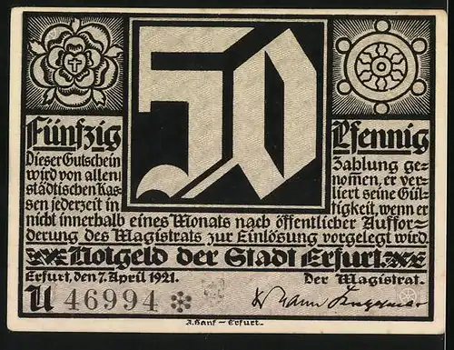 Notgeld Erfurt 1921, 50 Pfennig, Geistlicher mit Gläubigem, Im Hintergrund Kirche