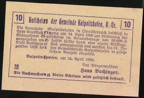 Notgeld Gaspoltshofen /O.-Oe. 1920, 10 Heller, Bauer mit Pflug