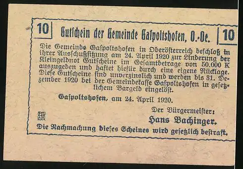 Notgeld Gaspoltshofen /O.-Oe. 1920, 10 Heller, Bauer mit Pflug