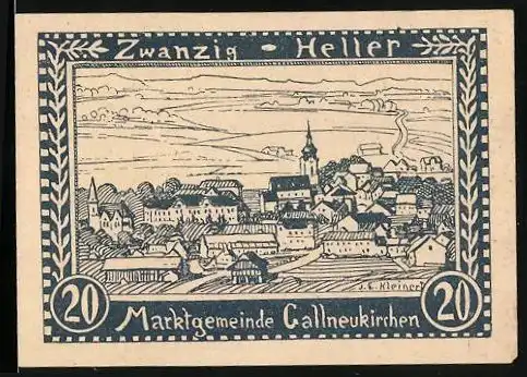 Notgeld Gallneukirchen 1920, 20 Heller, Teilansicht mit Kirche