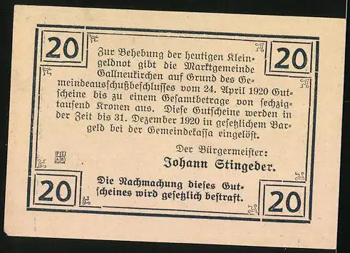 Notgeld Gallneukirchen 1920, 20 Heller, Teilansicht mit Kirche