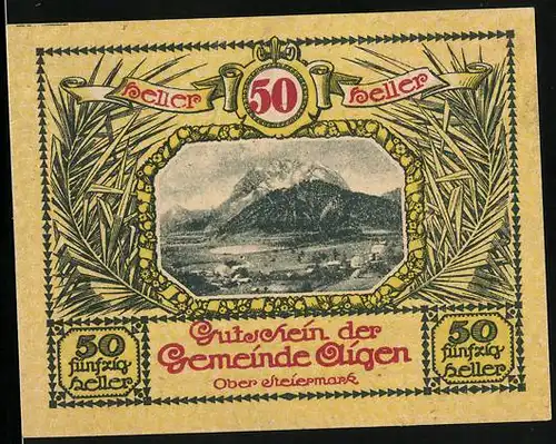 Notgeld Aigen /Ober-Steiermark 1920, 50 Heller, Ortspartie