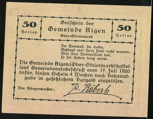 Notgeld Aigen /Ober-Steiermark 1920, 50 Heller, Ortspartie