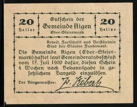 Notgeld Aigen /Ober-Steiermark 1920, 20 Heller, Gutschein