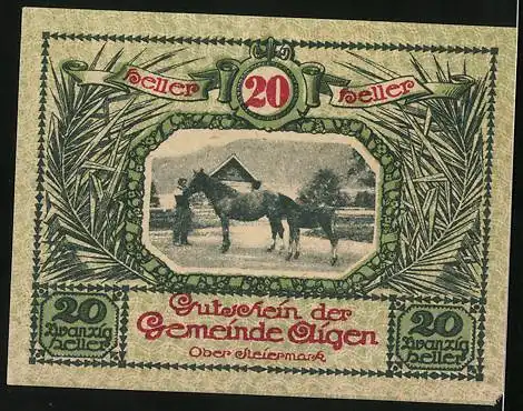 Notgeld Aigen /Ober-Steiermark 1920, 20 Heller, Gutschein