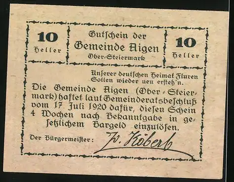 Notgeld Aigen /Ober-Steiermark 1920, 10 Heller, Panorama