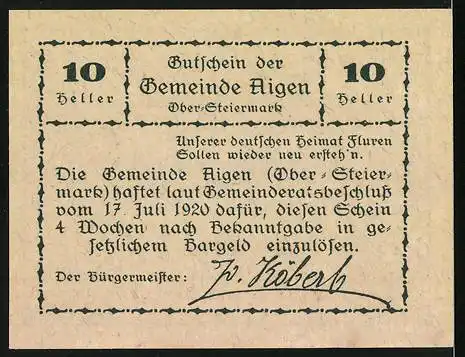 Notgeld Aigen /Ober-Steiermark 1920, 10 Heller, Panorama