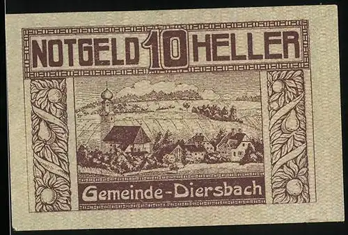 Notgeld Diersbach 1920, 10 Heller, Ortspartie mit Kirche