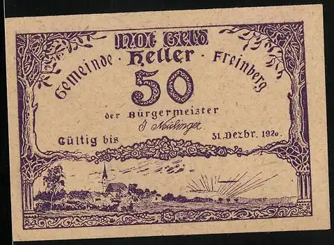 Notgeld Freinberg 1920, 50 Heller, Ortspartie mit Kirche