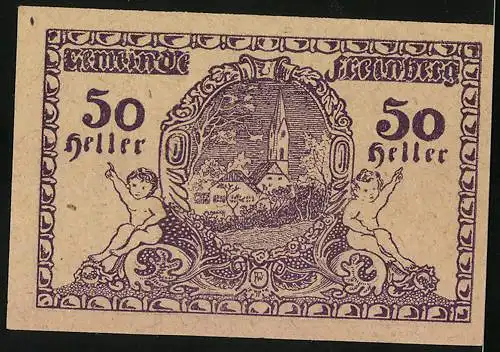 Notgeld Freinberg 1920, 50 Heller, Ortspartie mit Kirche