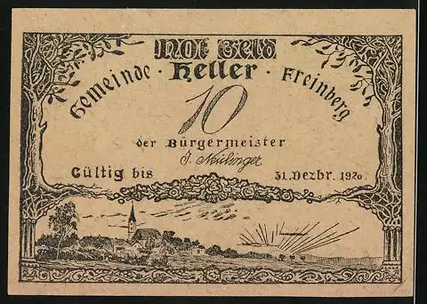 Notgeld Freinberg 1920, 10 Heller, Ortspartie mit Kirche