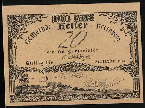 Notgeld Freinberg 1920, 20 Heller, Ortspartie mit Kirche