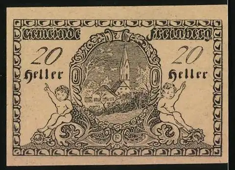 Notgeld Freinberg 1920, 20 Heller, Ortspartie mit Kirche