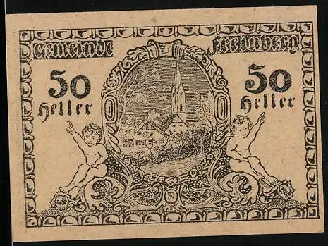 Notgeld Freinberg 1920, 50 Heller, Ortspartie mit Kirche