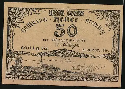 Notgeld Freinberg 1920, 50 Heller, Ortspartie mit Kirche