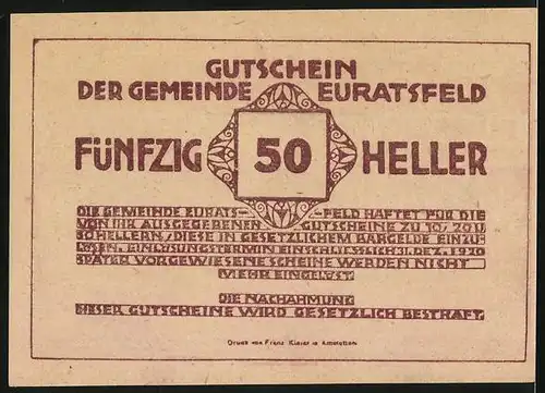 Notgeld Euratsfeld /Nieder-Österr. 1920, 50 Heller, Ortspartie mit Kirche