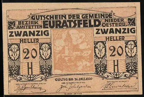 Notgeld Euratsfeld /Nieder-Österr. 1920, 20 Heller, Ortspartie mit Kirche