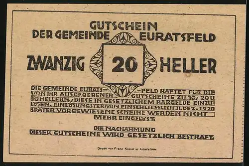 Notgeld Euratsfeld /Nieder-Österr. 1920, 20 Heller, Ortspartie mit Kirche