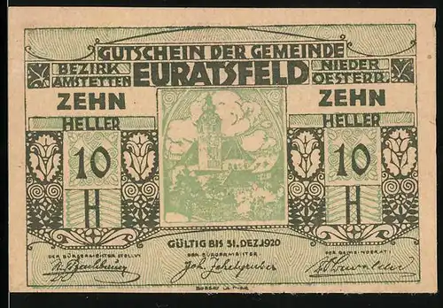 Notgeld Euratsfeld /Nieder-Österr. 1920, 10 Heller, Ortspartie mit Kirche