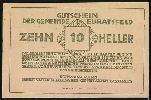 Notgeld Euratsfeld /Nieder-Österr. 1920, 10 Heller, Ortspartie mit Kirche