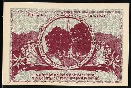 Notgeld Ruhpolding 1921, 50 Pfennig, Ortspartie mit Kirche