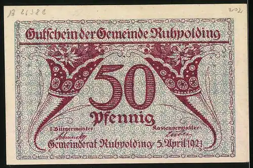 Notgeld Ruhpolding 1921, 50 Pfennig, Ortspartie mit Kirche