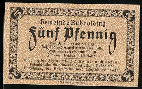 Notgeld Ruhpolding 1920, 5 Pfennig, Ortspartie mit Kirche