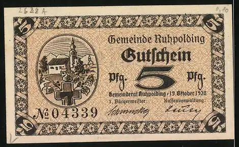 Notgeld Ruhpolding 1920, 5 Pfennig, Ortspartie mit Kirche